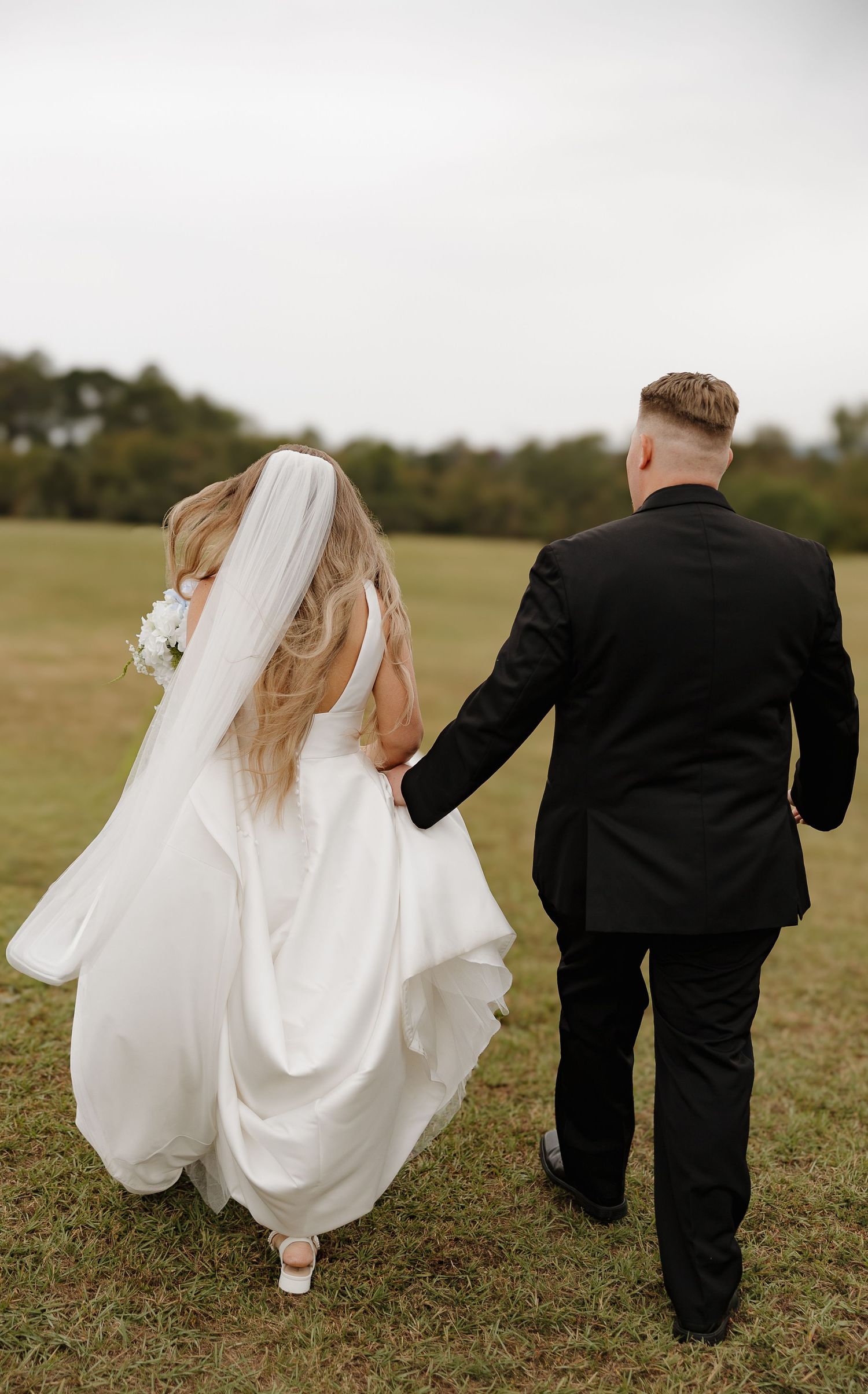 A series of wedding photos showing a couple in formal attire walking through a grassy field.
