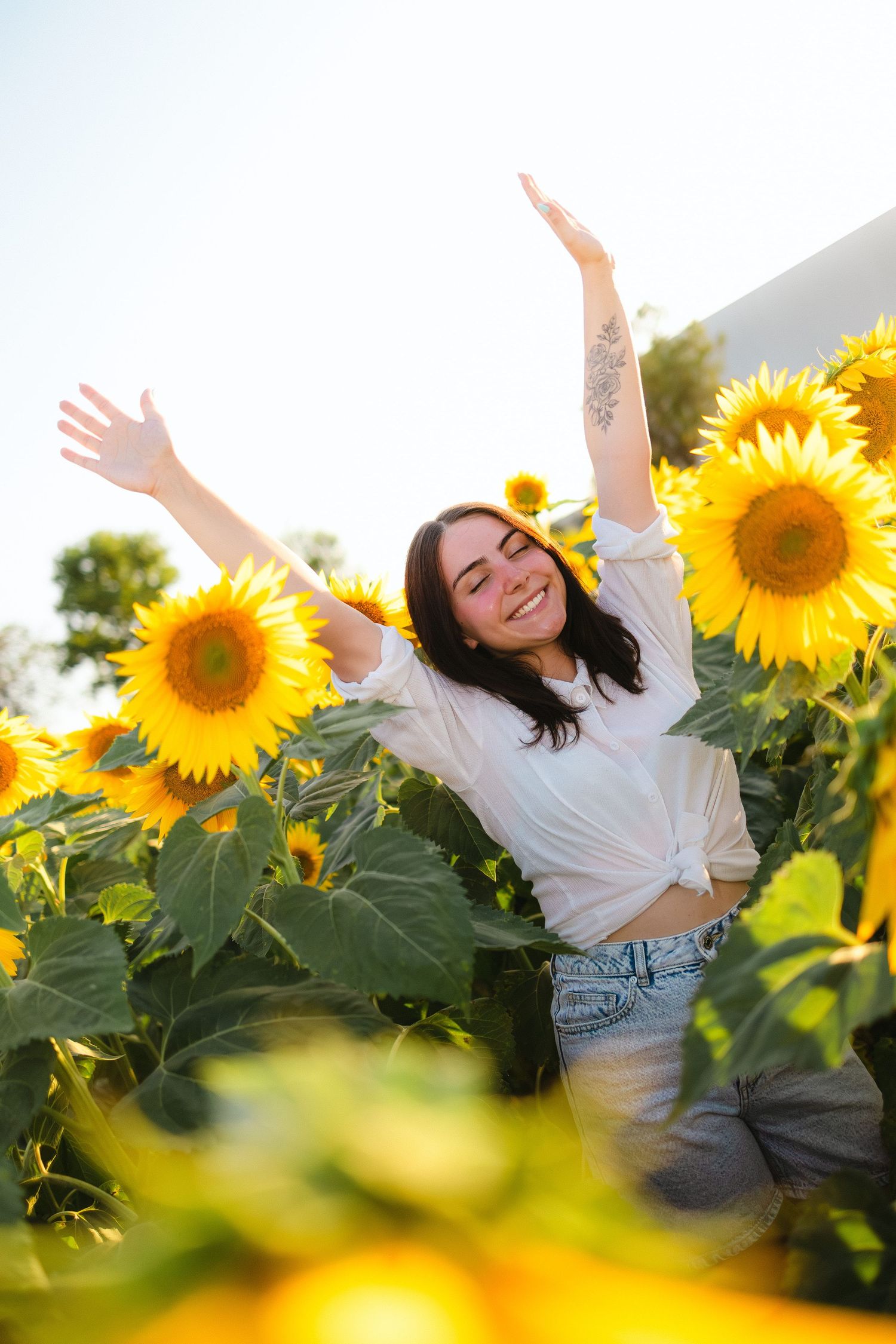 Woman smiling with raised arms in a sunflower field during golden hour – natural outdoor portrait photography. in Bulgaria