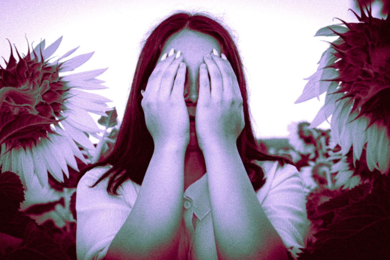 Artistic color-graded portrait of woman covering her face among sunflowers – portrait photography in Bulgaria.