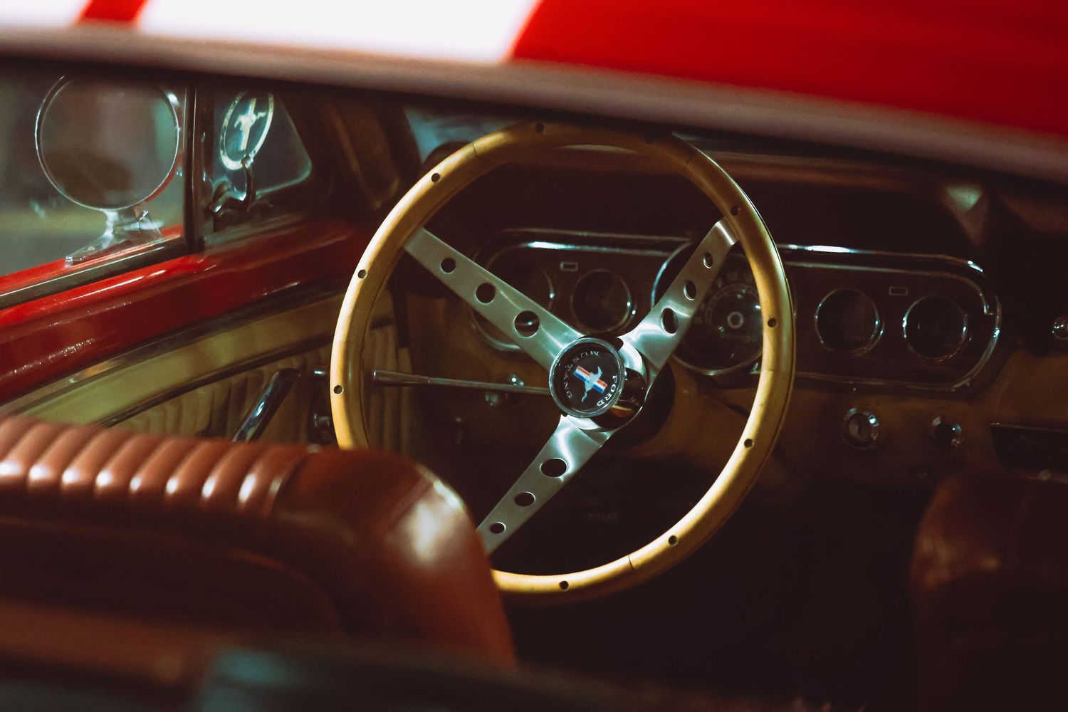 Interior detail of classic American muscle car with vintage steering wheel – automotive photography in Bulgaria.