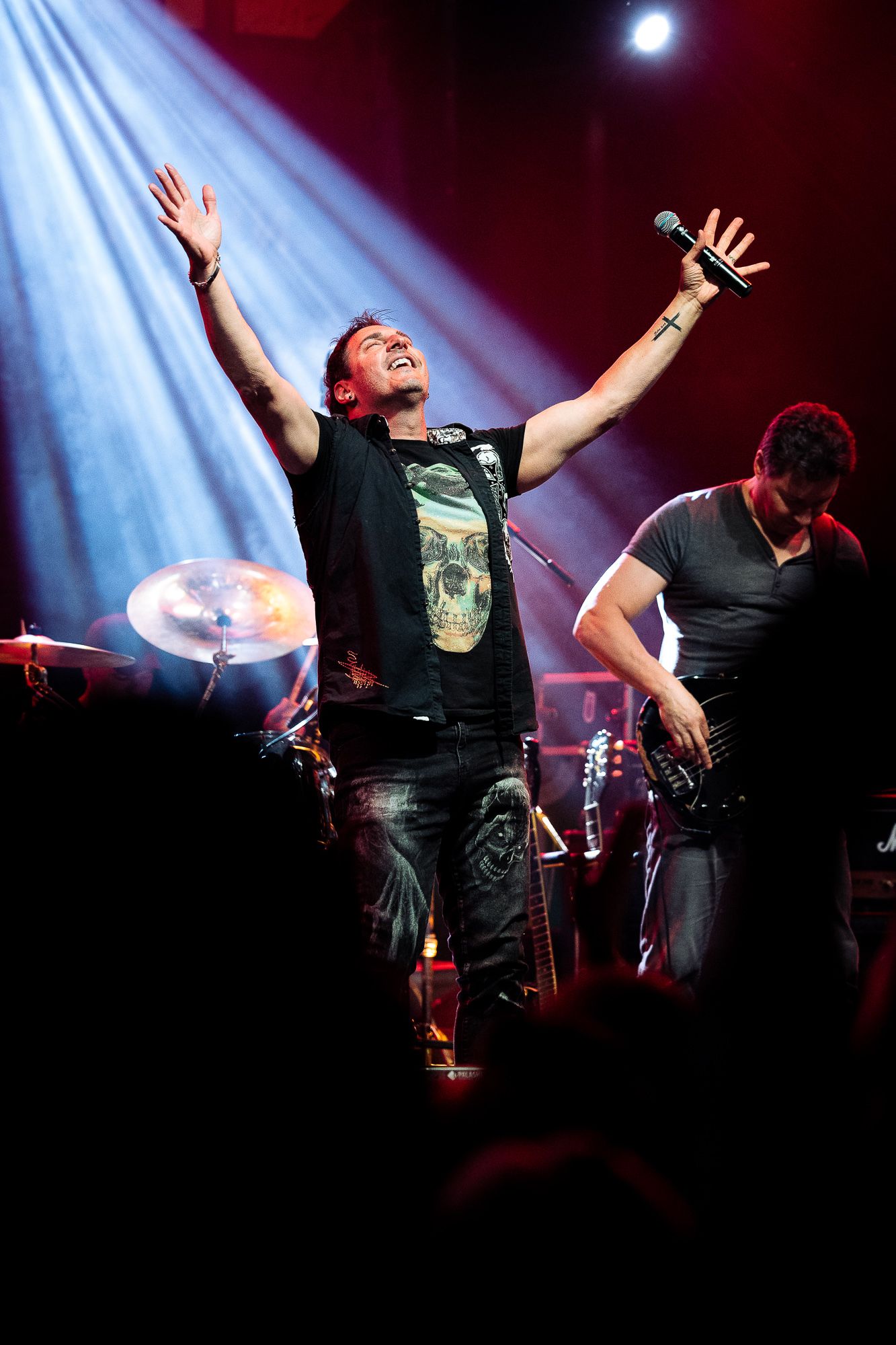 Powerful live performance frame with raised arms and vibrant lighting, showcasing peak concert energy in Bulgaria.