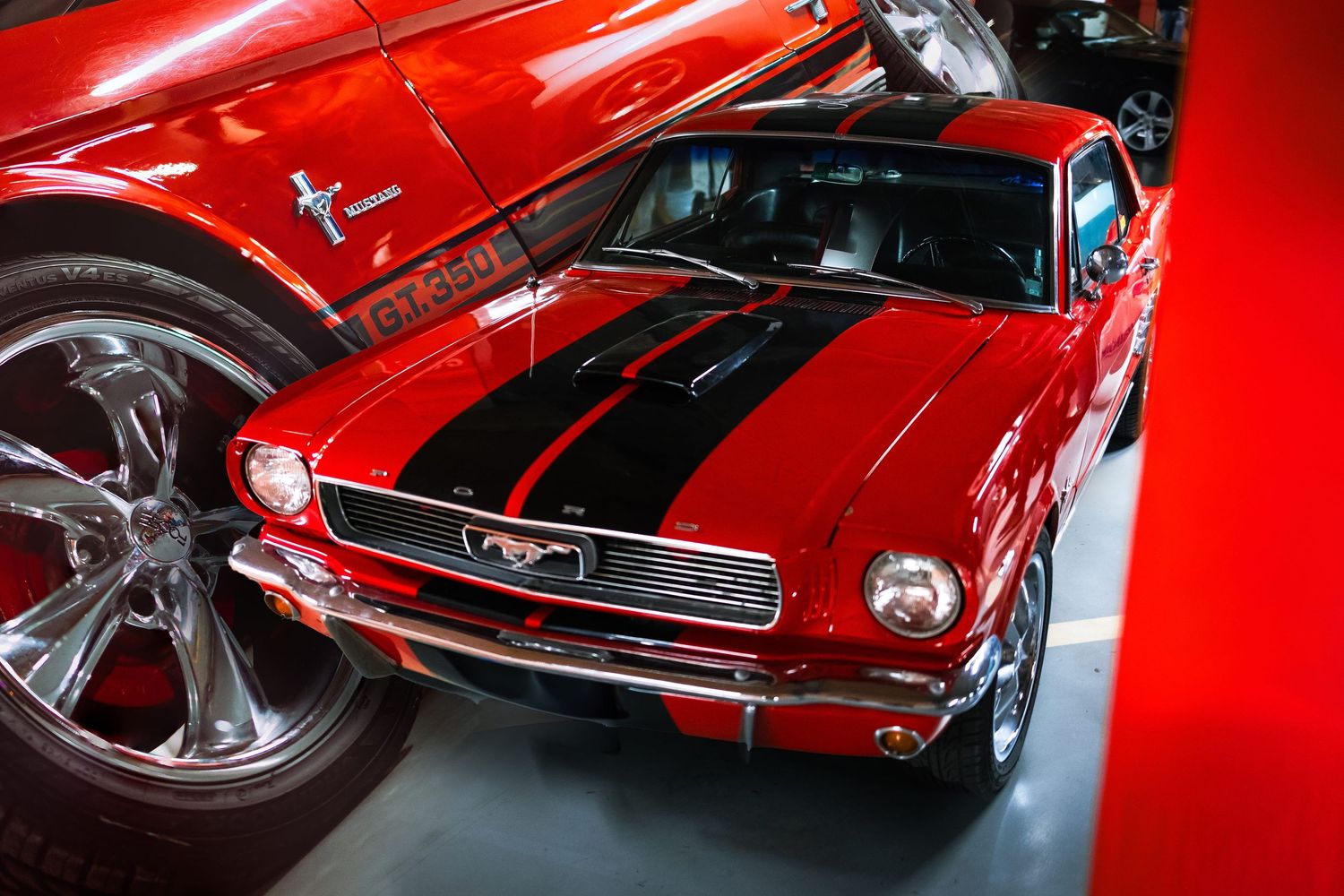 Red Ford Mustang with black racing stripes at indoor car event – automotive photography in Bulgaria.