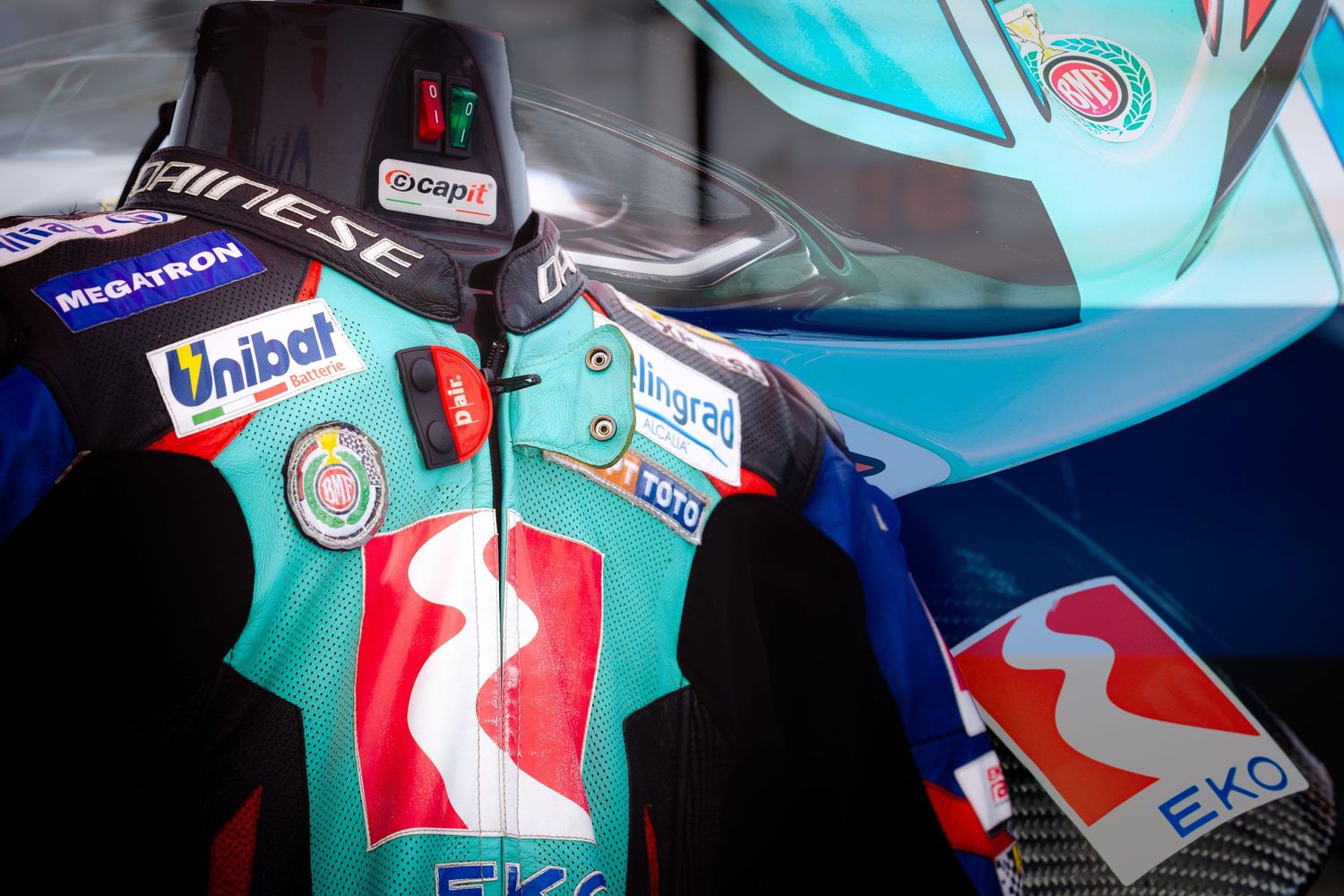 Close-up detail of motocross racing gear and motorcycle branding – motorsport photography in Bulgaria.