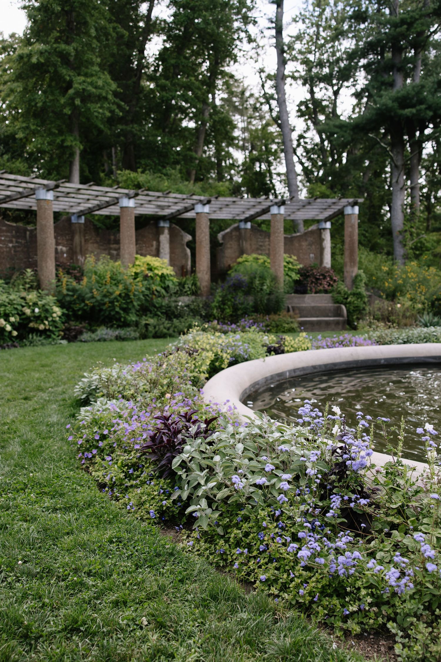 A curved garden path lined with purple flowers and stone features in a landscaped setting.