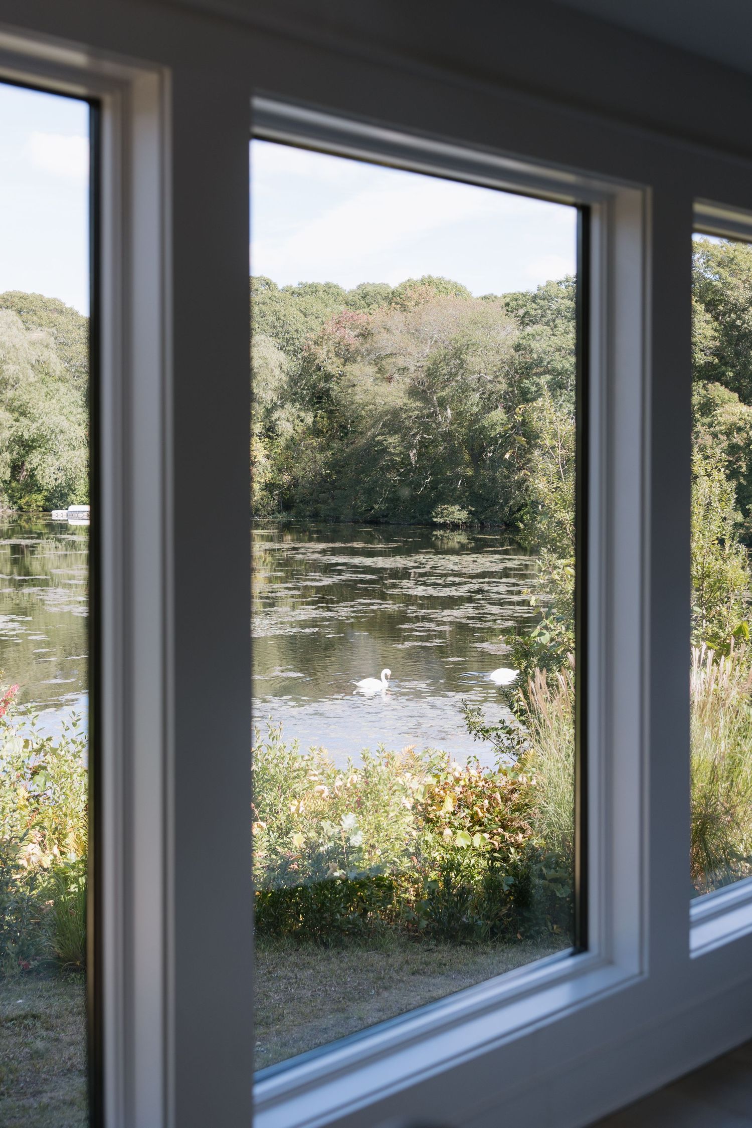Large windows overlook a serene pond surrounded by lush greenery and trees.