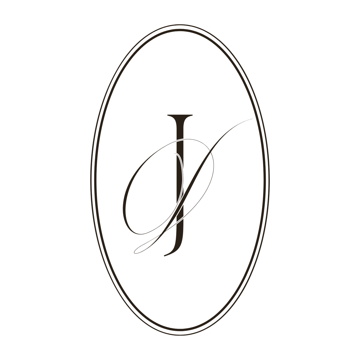 Elegant oval logo with double border featuring intertwined J and D monogram letters in classic serif typography.