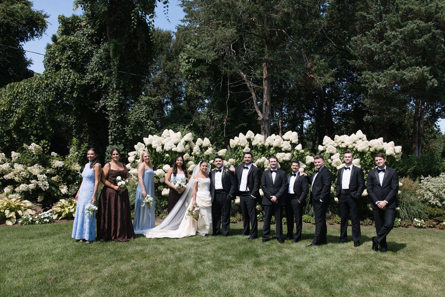 Wedding party poses in formal attire before blooming white hydrangeas on lush green lawn.