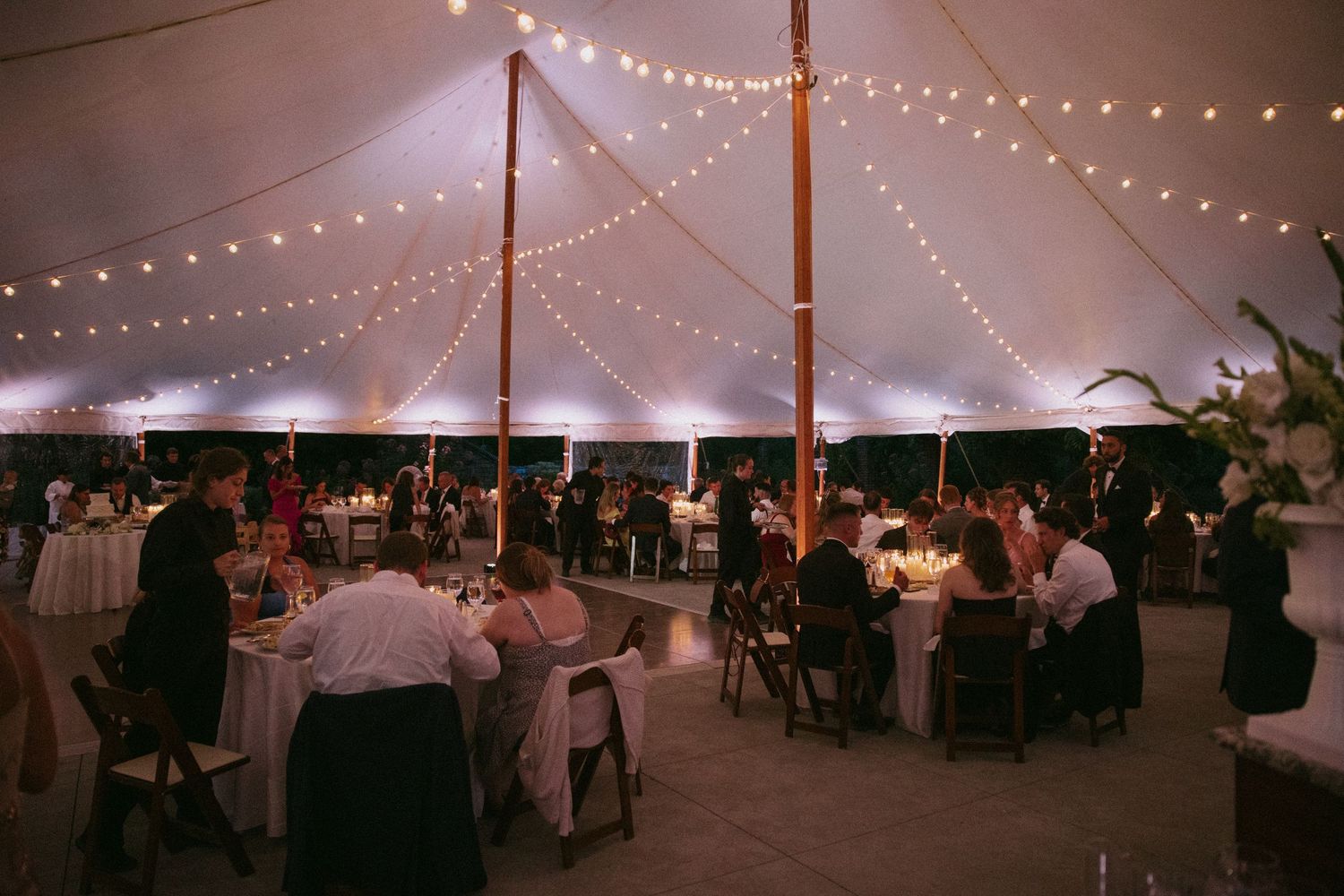 Wedding reception tent decorated with romantic string lights creating a magical evening atmosphere.
