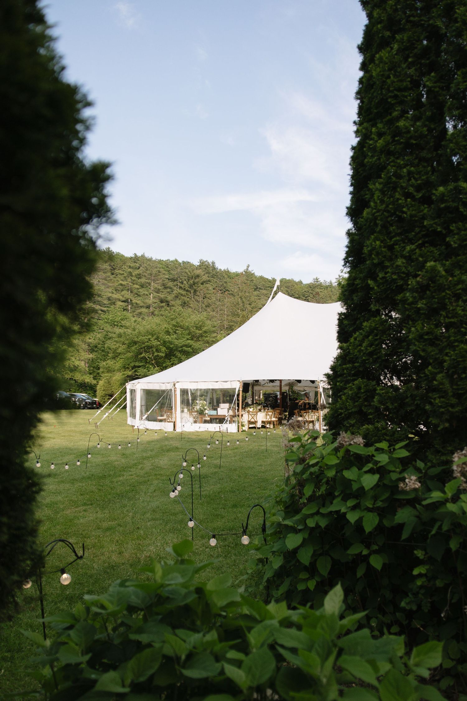 A white wedding reception tent on a green lawn framed by tall evergreen trees with rolling hills in the background.