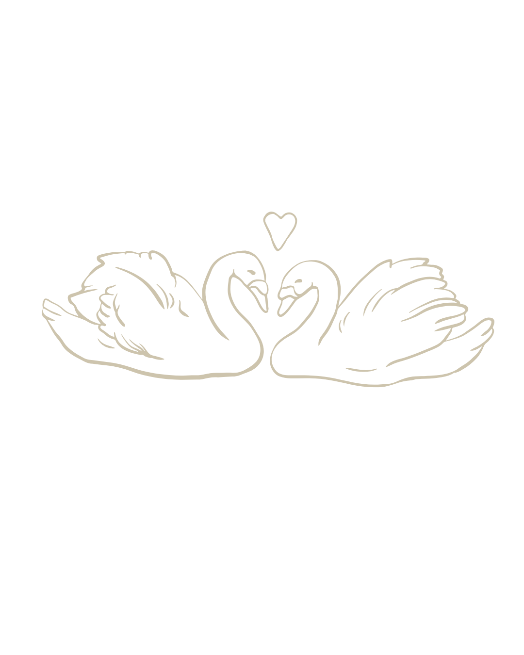 Two elegant swans facing each other forming a heart shape with their necks, with a small heart above them.