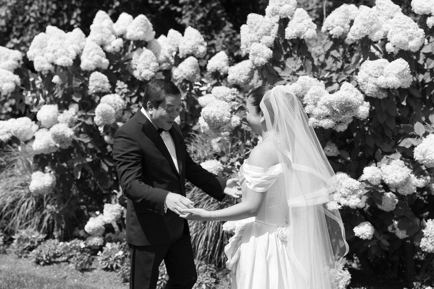 Black and white photo of a bride and groom holding hands in front of blooming white hydrangea bushes.