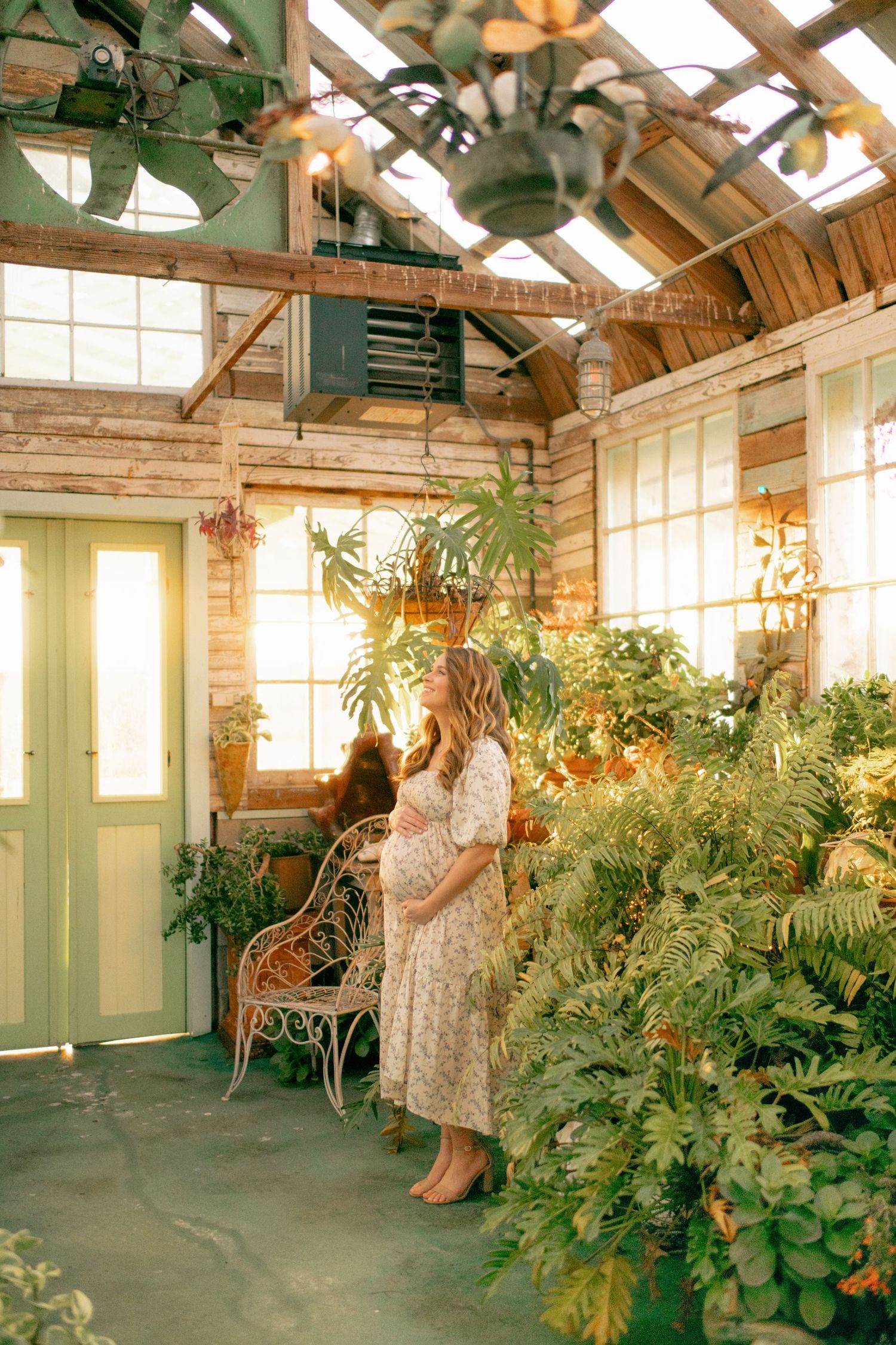 A cozy greenhouse interior with lush plants, wooden beams, and natural light streaming through skylights and windows.