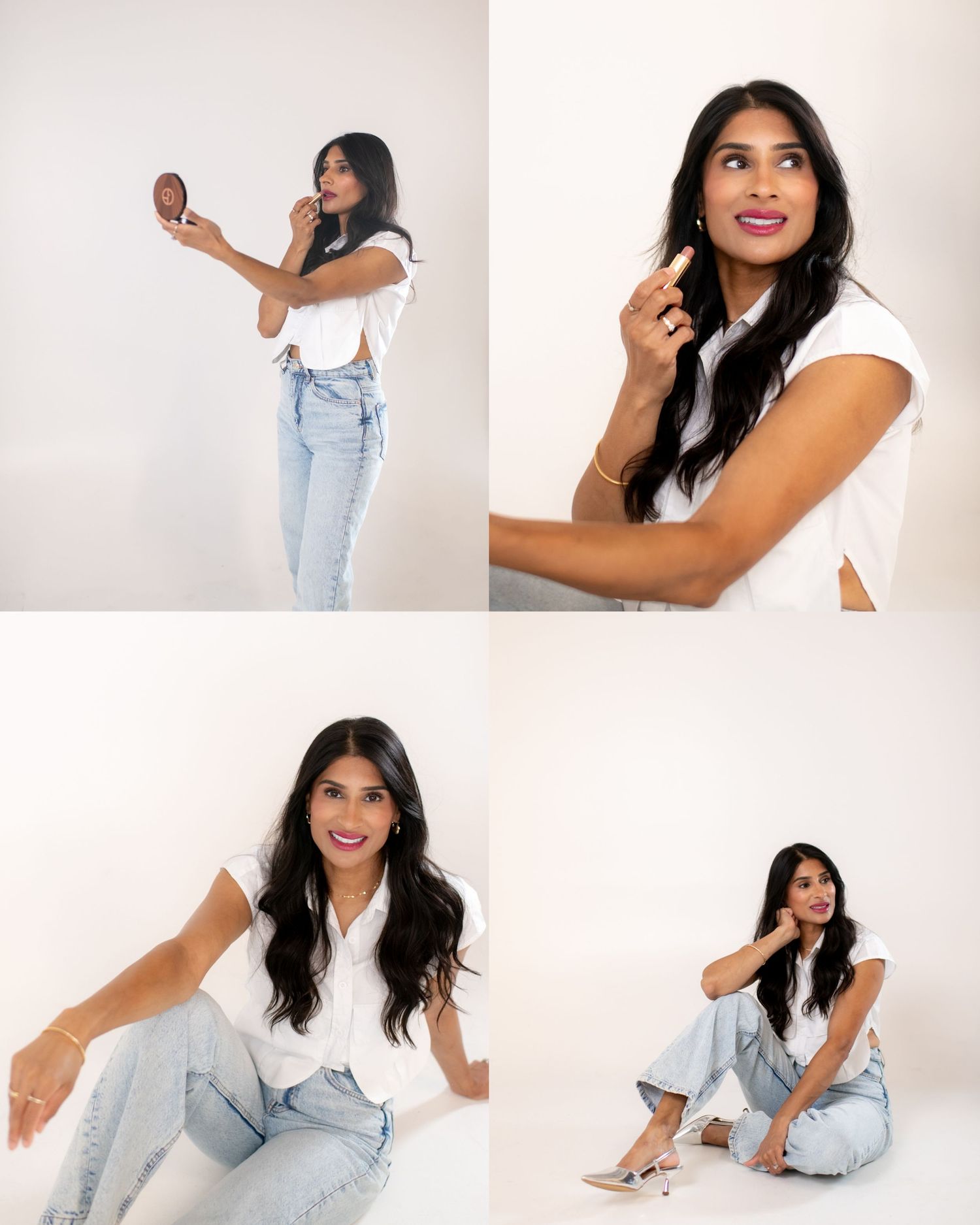 Casual lifestyle photos against white background featuring light denim and relaxed poses.