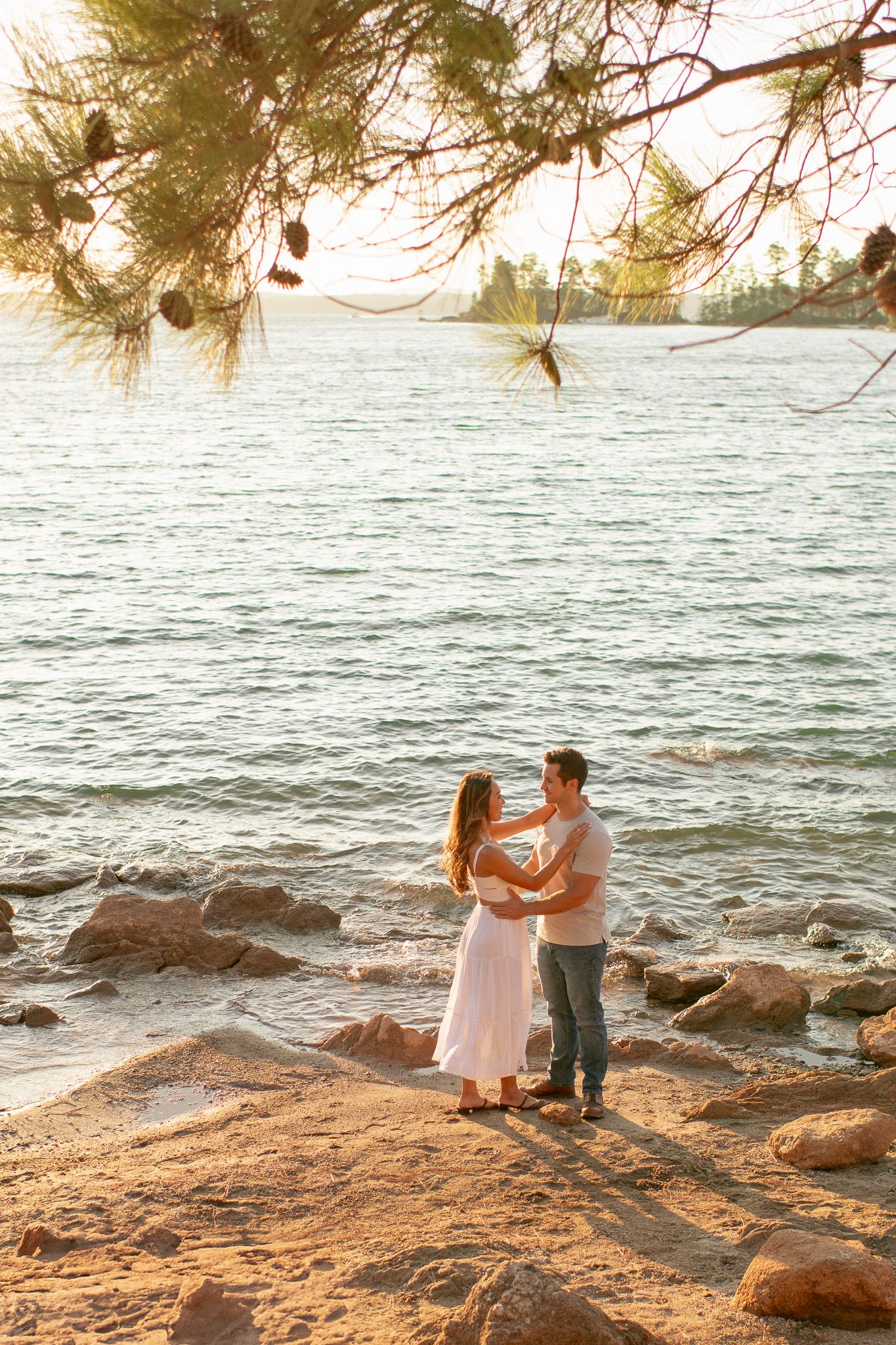 A couple stands together on a rocky beach shore at sunset with pine branches framing the romantic scene.
