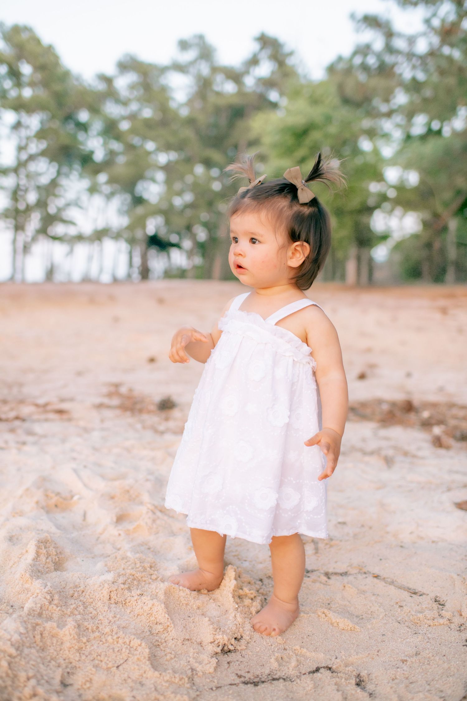 Small child in white dress plays in sandy beach area near pine trees.