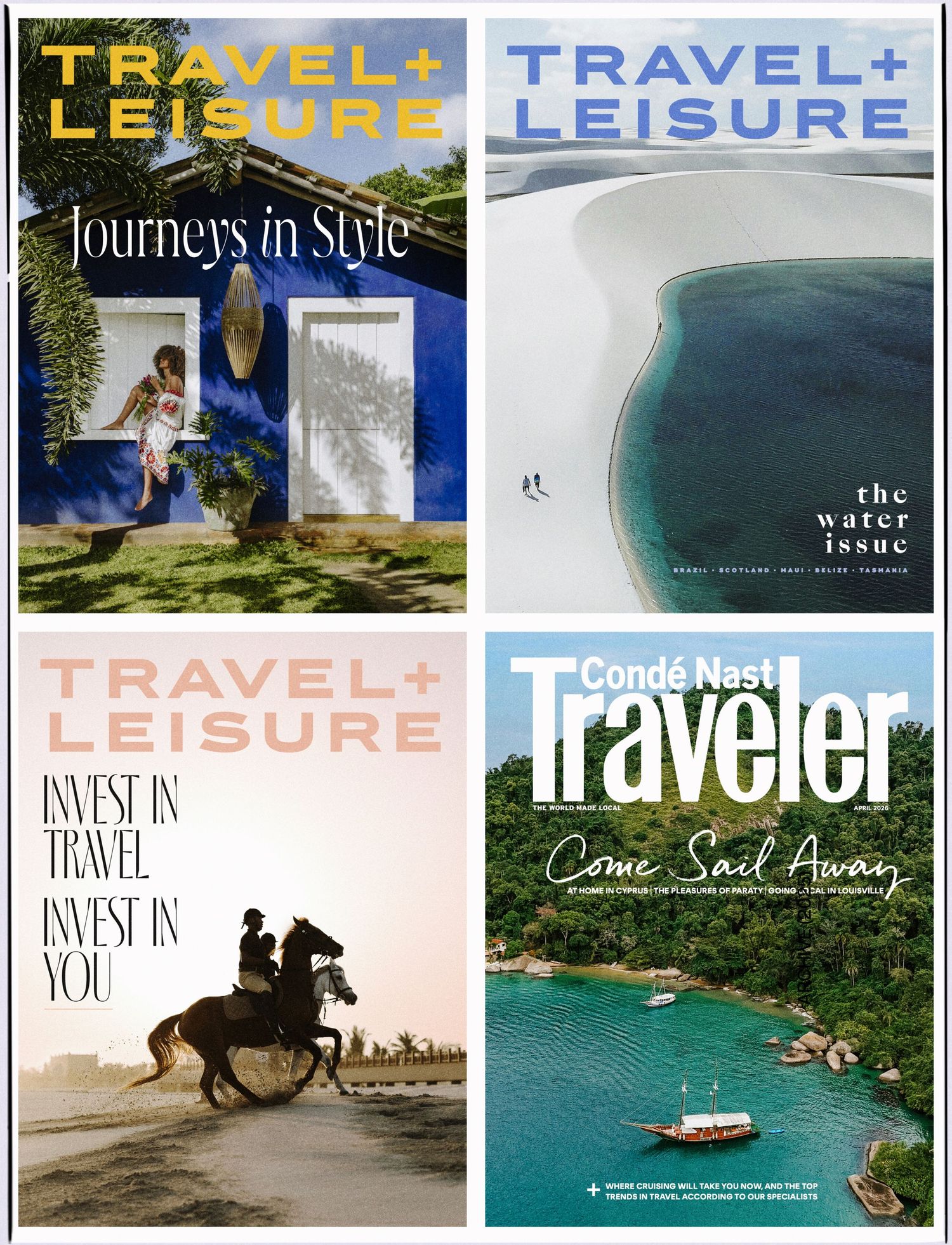 Four iconic travel magazine covers from Travel and Leisure and Conde Nast Traveler publications.