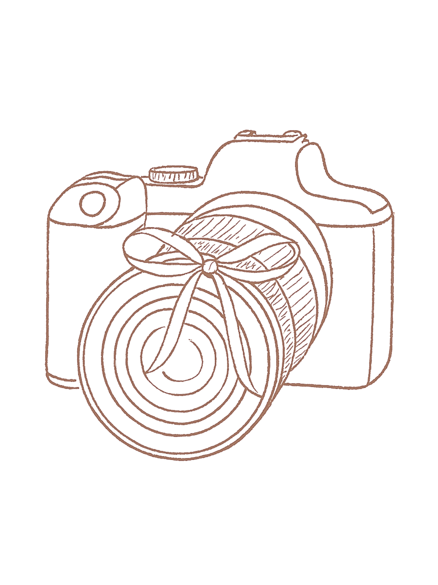 A simple line drawing of a digital camera with decorative bow detail on the lens.