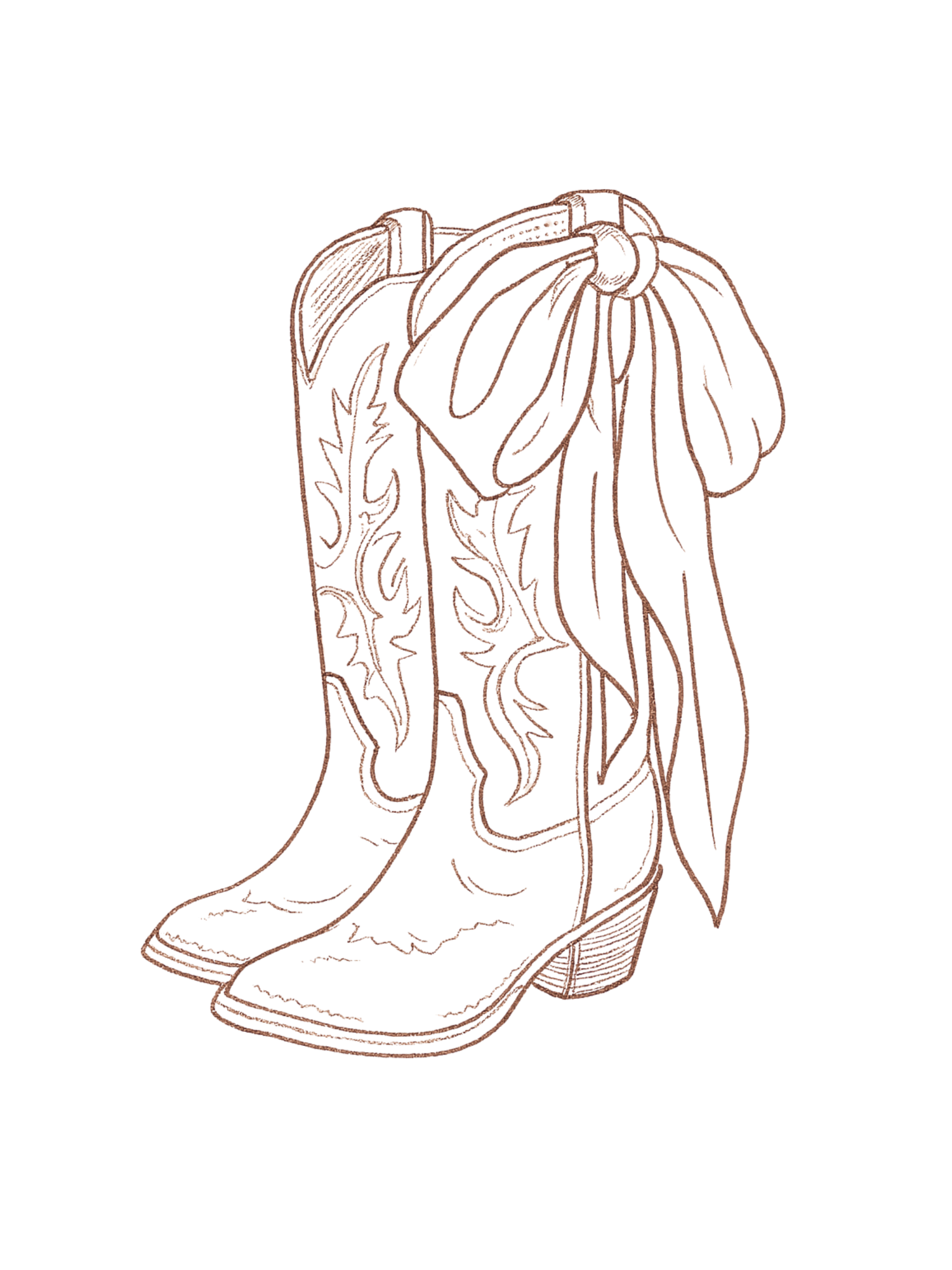 Hand-drawn western boots with ornate stitching and a large decorative bow.