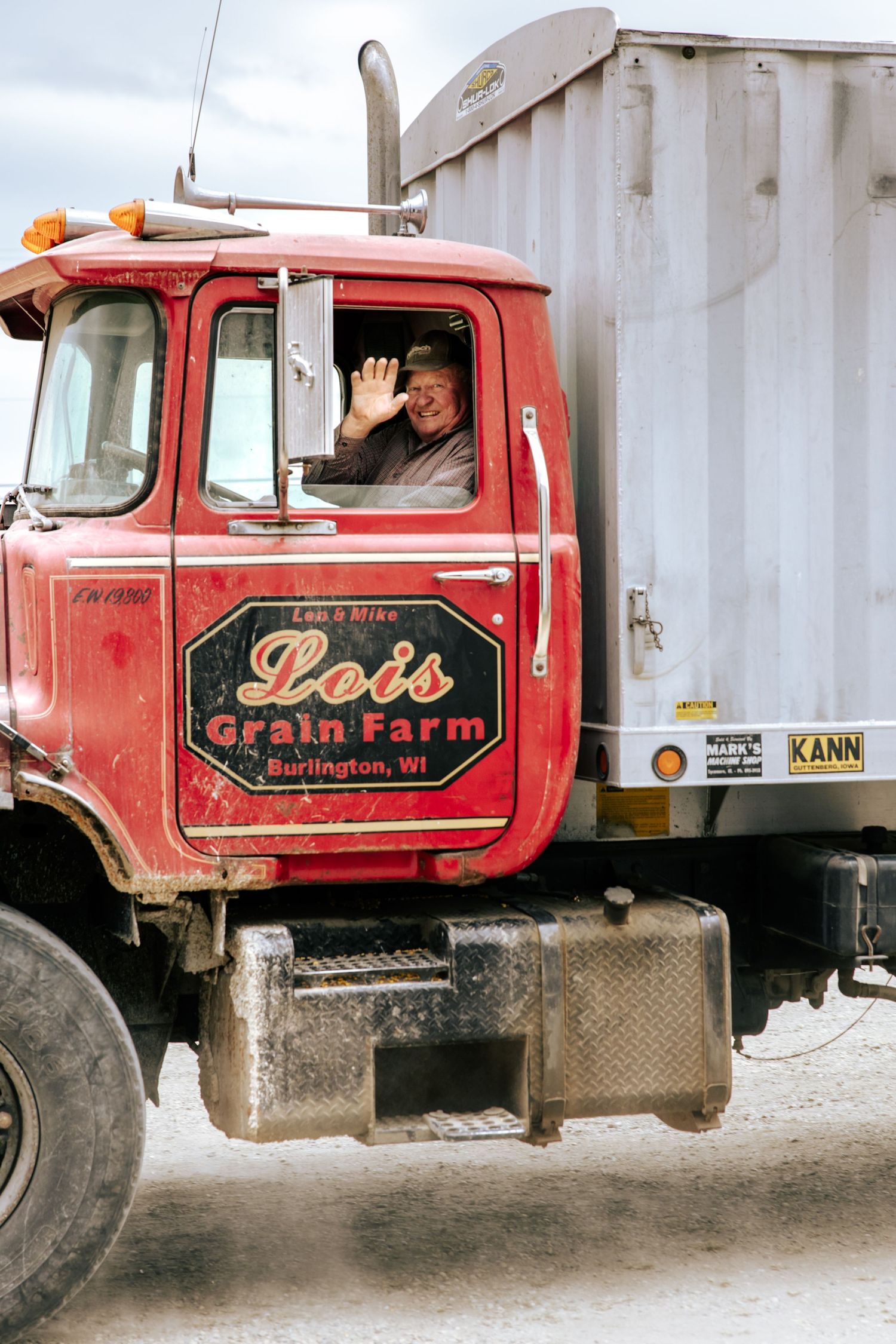 Vintage red Lee's Grain Farm truck details shown in sequential closeup shots.