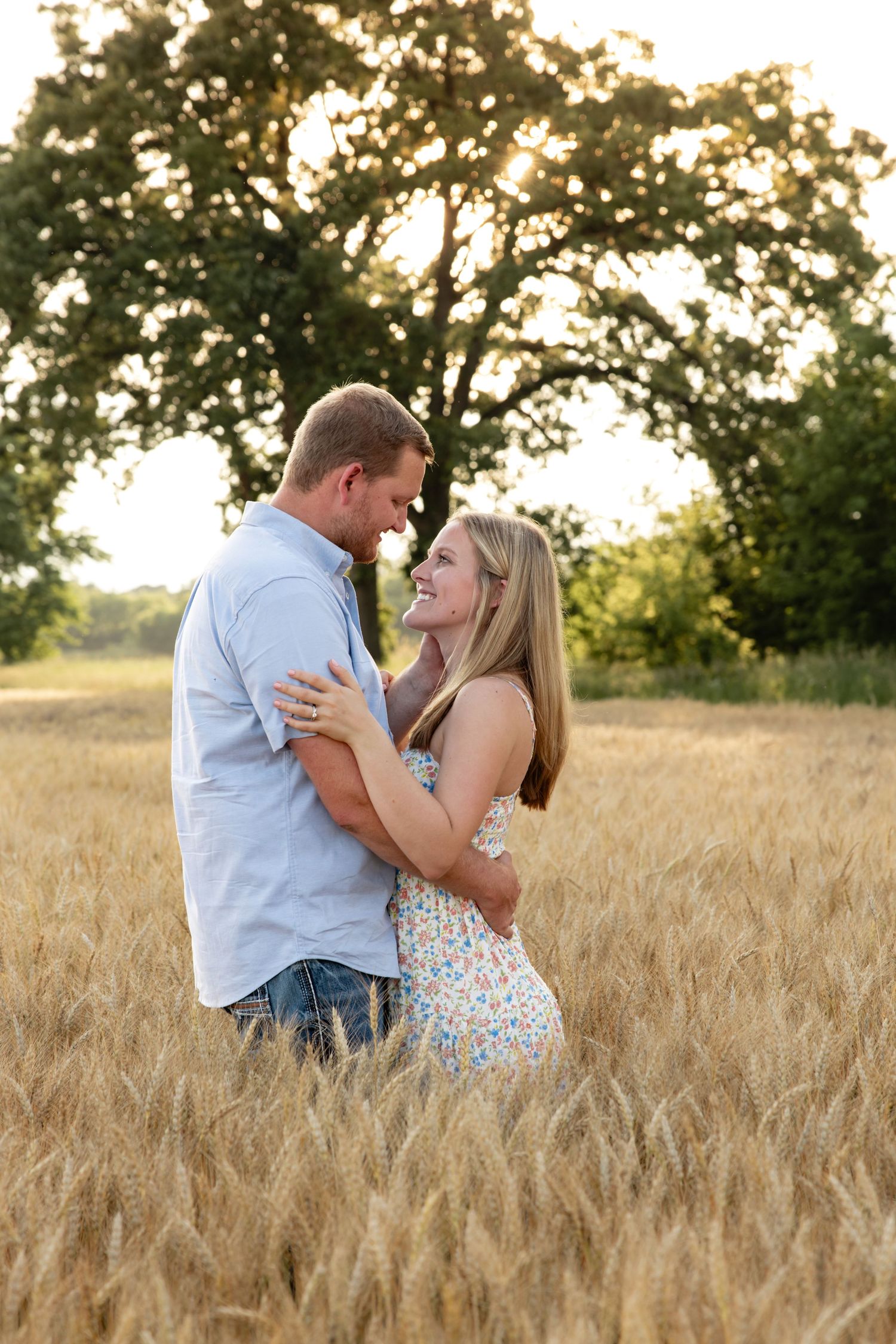 A tender moment between a couple standing in a sun-lit wheat field with trees in the distance.