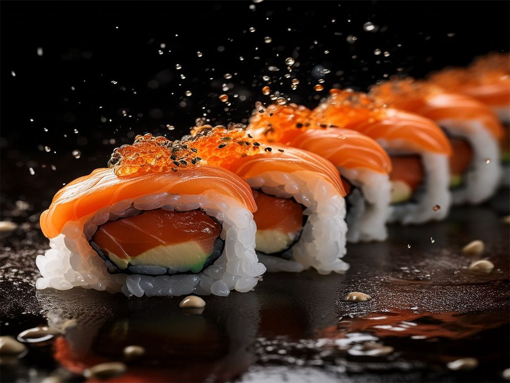 Selezione di sushi misto con nigiri di salmone, uramaki e sashimi preparati al momento.
