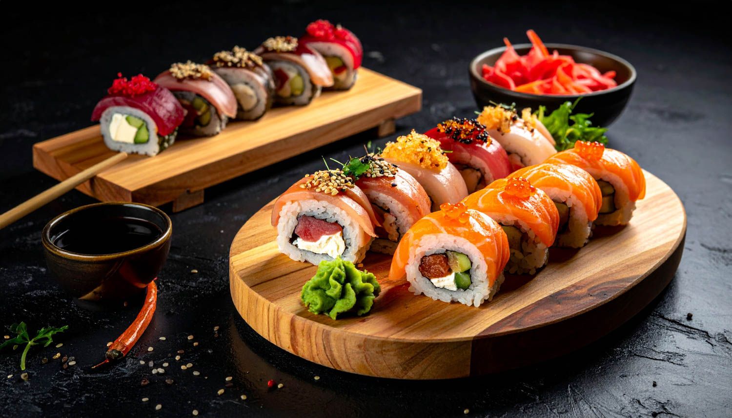 Roll di sushi giapponesi e sashimi serviti su taglieri di legno con accompagnamenti tradizionali.