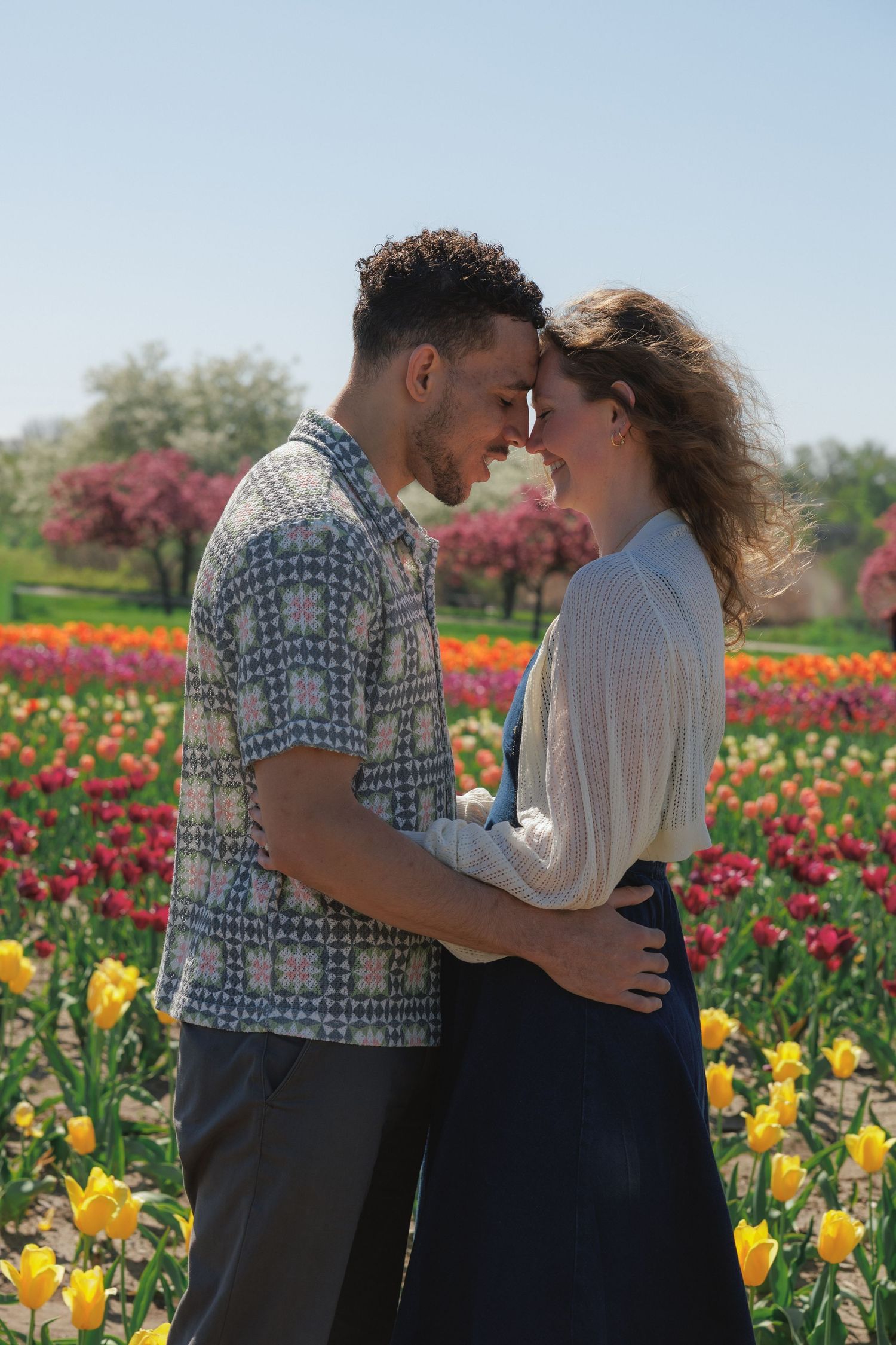 Couple embraces forehead to forehead in vibrant tulip garden with colorful spring flowers in bloom.