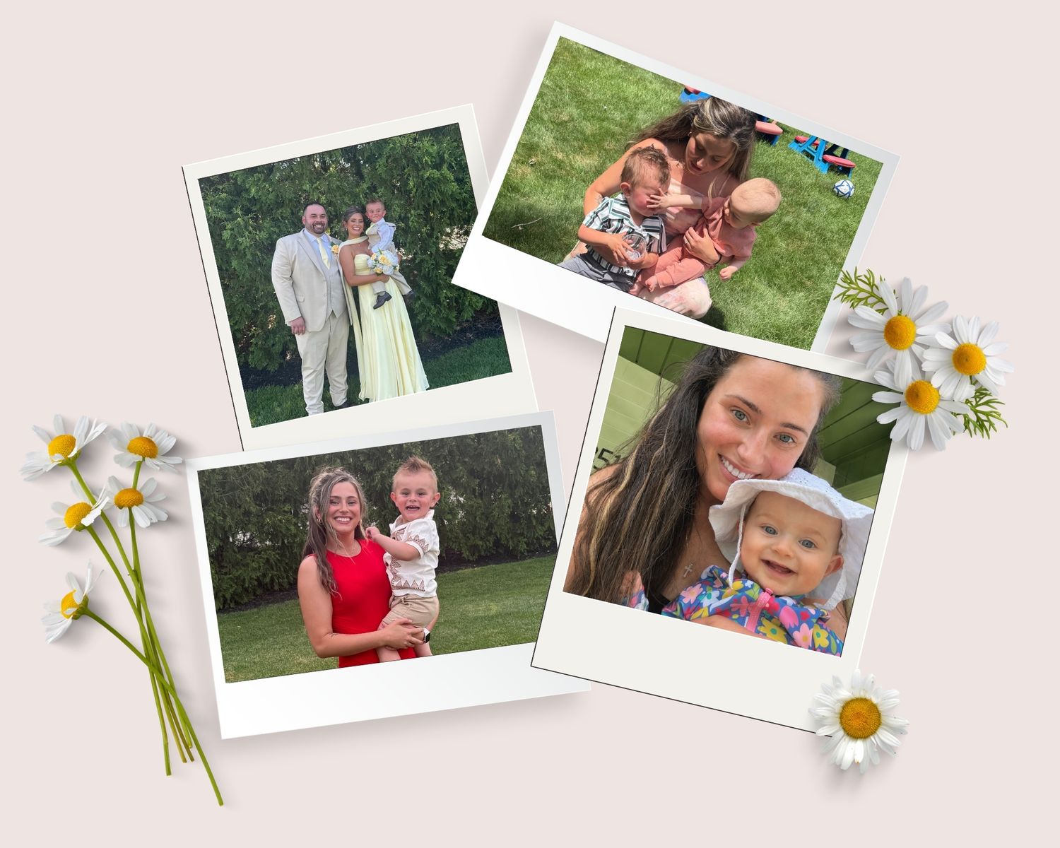 Polaroid-style photo collage of a family with a baby, a mother and child outdoors, and a smiling infant with daisy decorations.