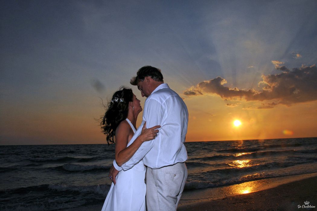 Bride and Groom at the Beach with Sunset
