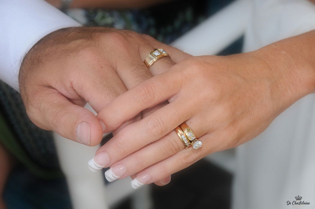 Bride and groom holding hands with wedding rings