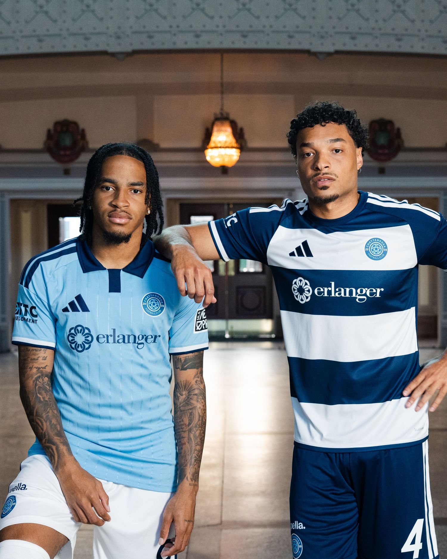 Two Chattanooga FC players showcase Erlanger-sponsored soccer jerseys photographed for a creative sports assignment in Chattanooga, TN.