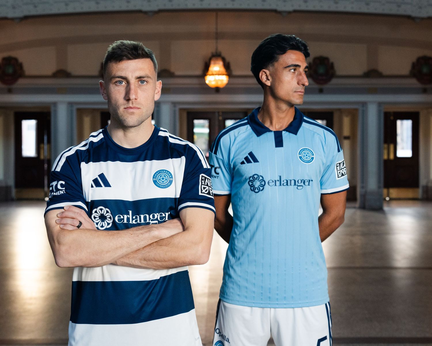 Two soccer players in Erlanger-sponsored jerseys photographed for a creative sports assignment in Chattanooga, TN.