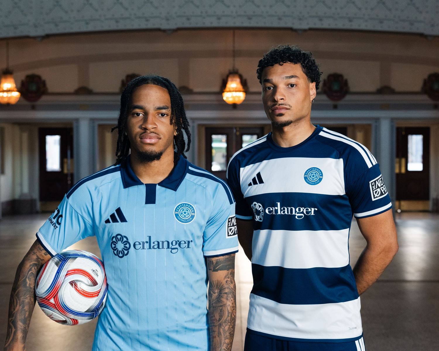 Two Chattanooga FC players model jerseys with Erlanger sponsor photographed for a creative sports assignment in Chattanooga, TN.