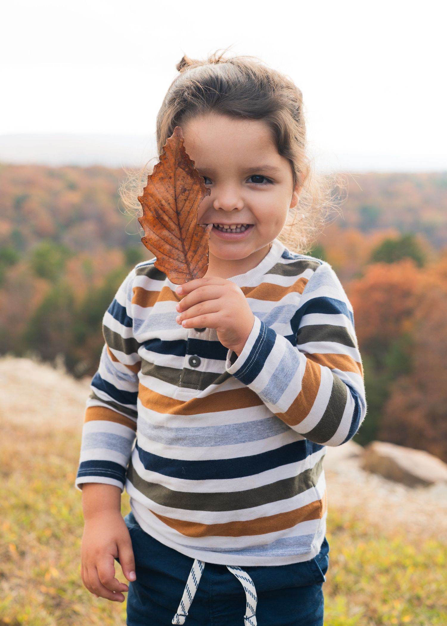 A happy toddler holds a large autumn leaf outdoors during fall foliage season in Chattanooga, TN.