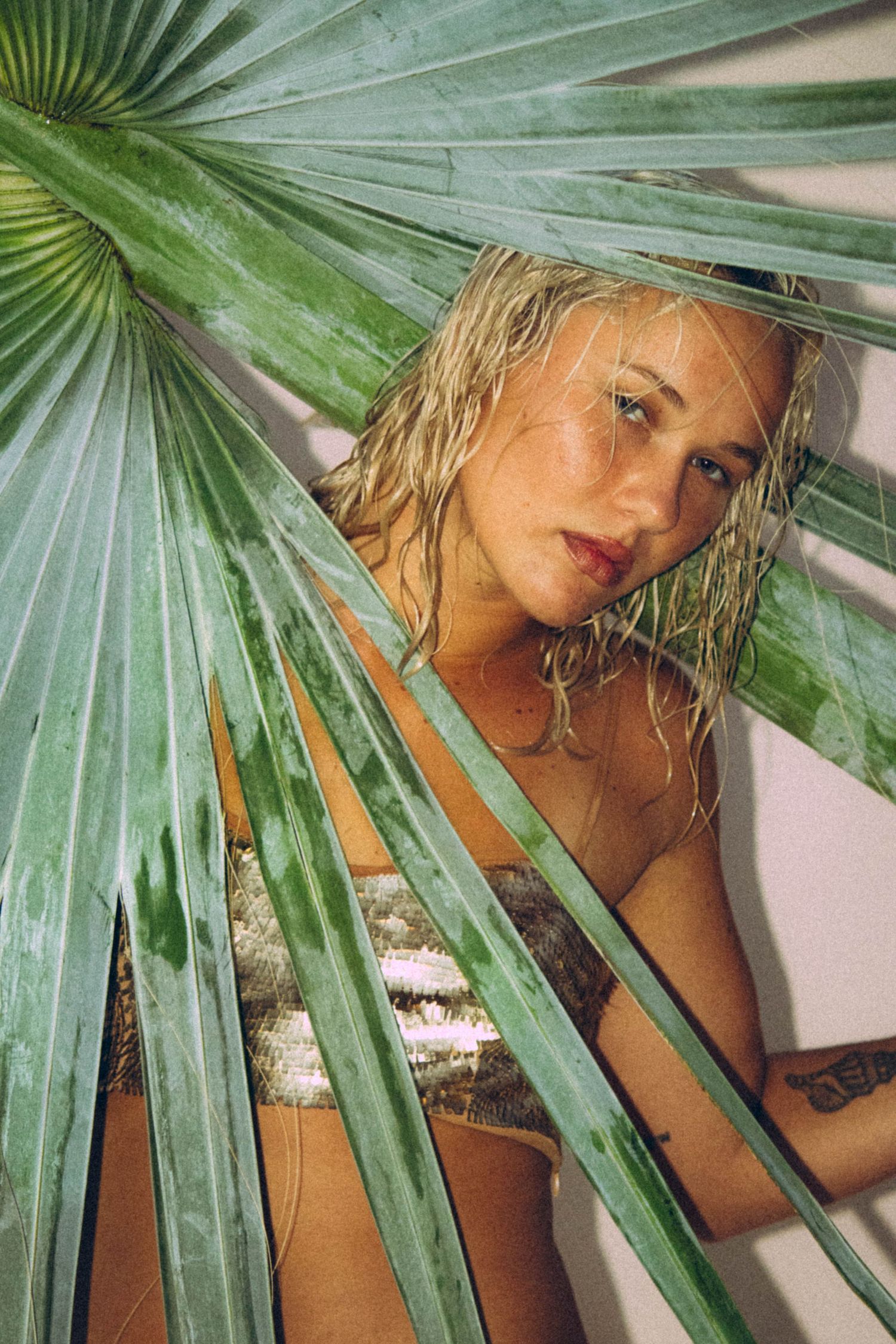 Blonde woman with wet hair and arm tattoo peering through large green tropical palm leaf fronds.