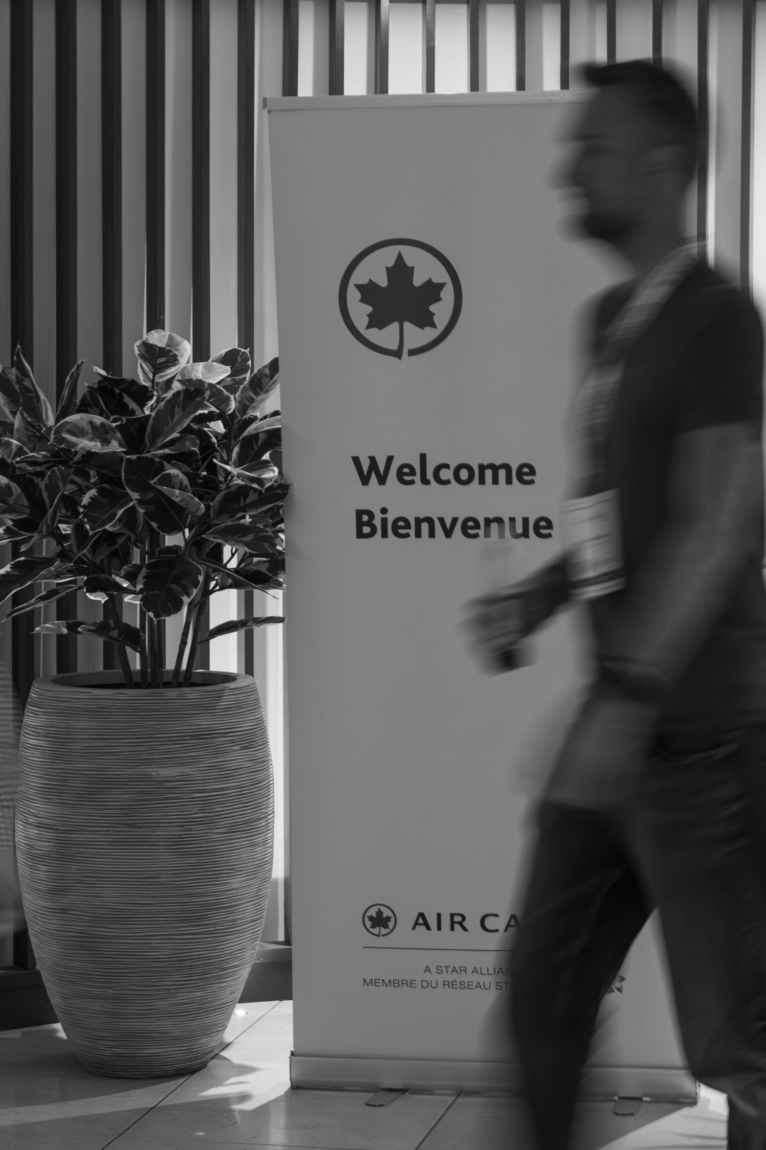 Black and white photo of a man walking past an Air Canada welcome sign with a potted plant nearby.