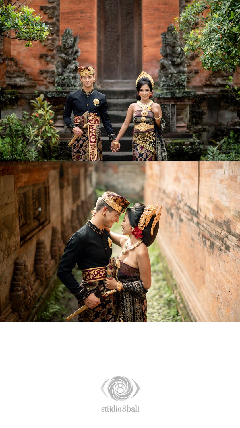 Balinese couple in traditional ceremonial attire walking down temple steps and sharing an intimate moment by ancient walls.