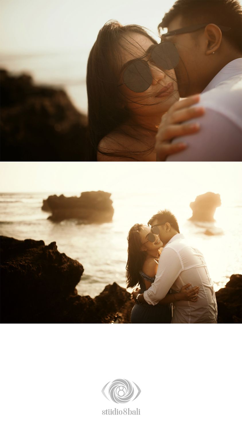 Romantic couple sharing intimate moments on rocky Bali beach at golden sunset.