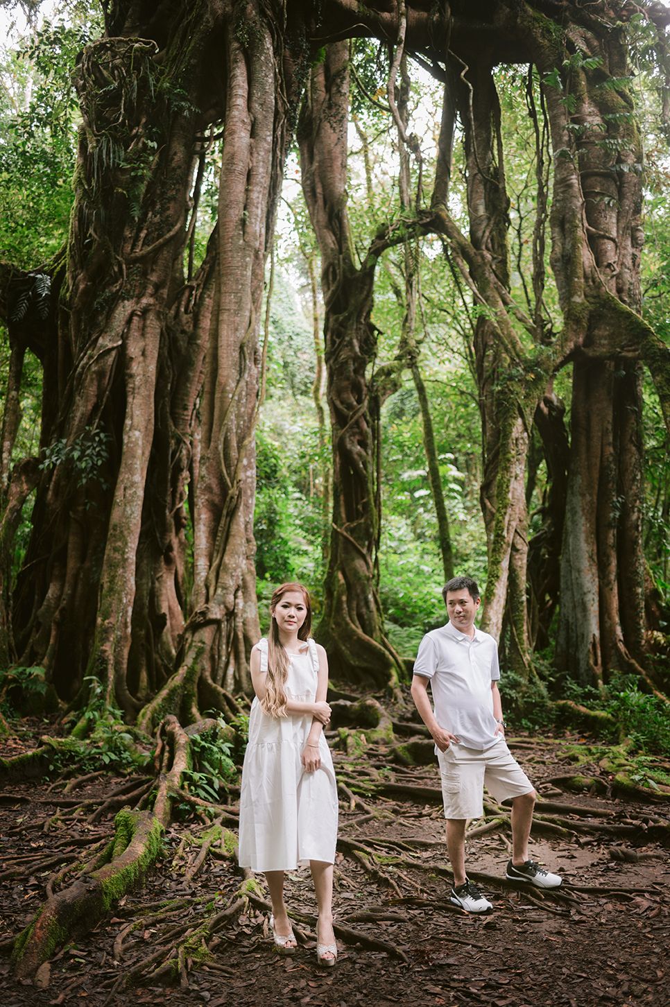 Couple standing among massive banyan tree roots in a lush green forest, woman in white dress, man in white shirt.