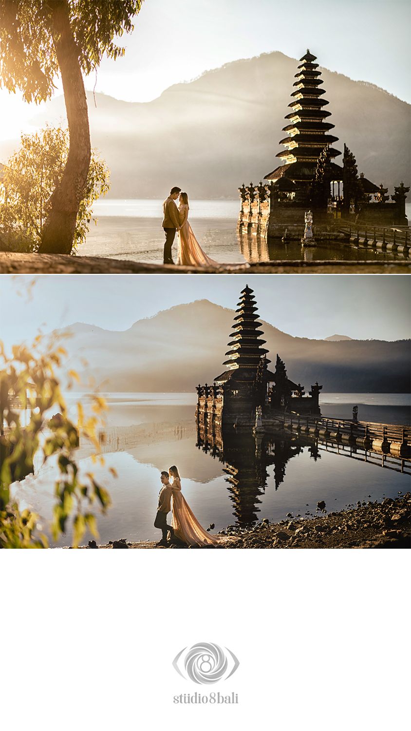 Couple poses at Pura Ulun Danu Bratan temple in Bali, with golden sunset light and misty mountain reflections on the lake.