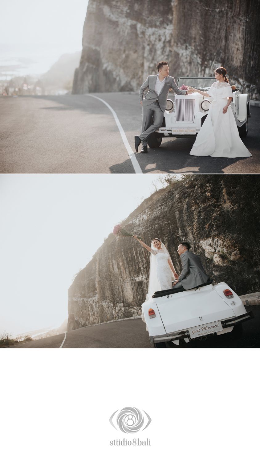 Bride and groom posing with a vintage white car on a coastal road in Bali, captured by Studio 8 Bali.