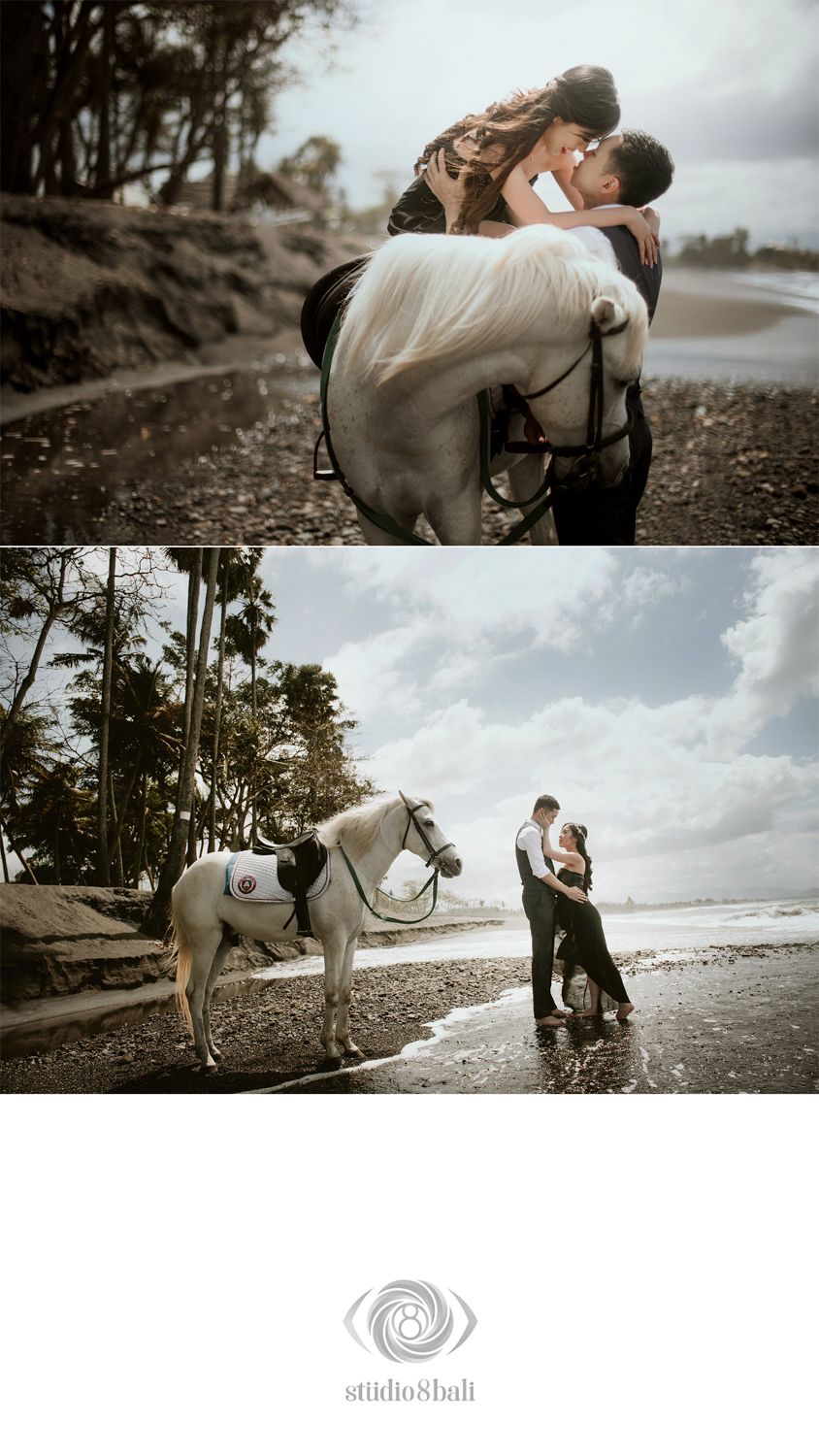 Romantic couple embracing on a beach with a white horse, captured in a stunning pre-wedding photo shoot by Studio 8 Bali.