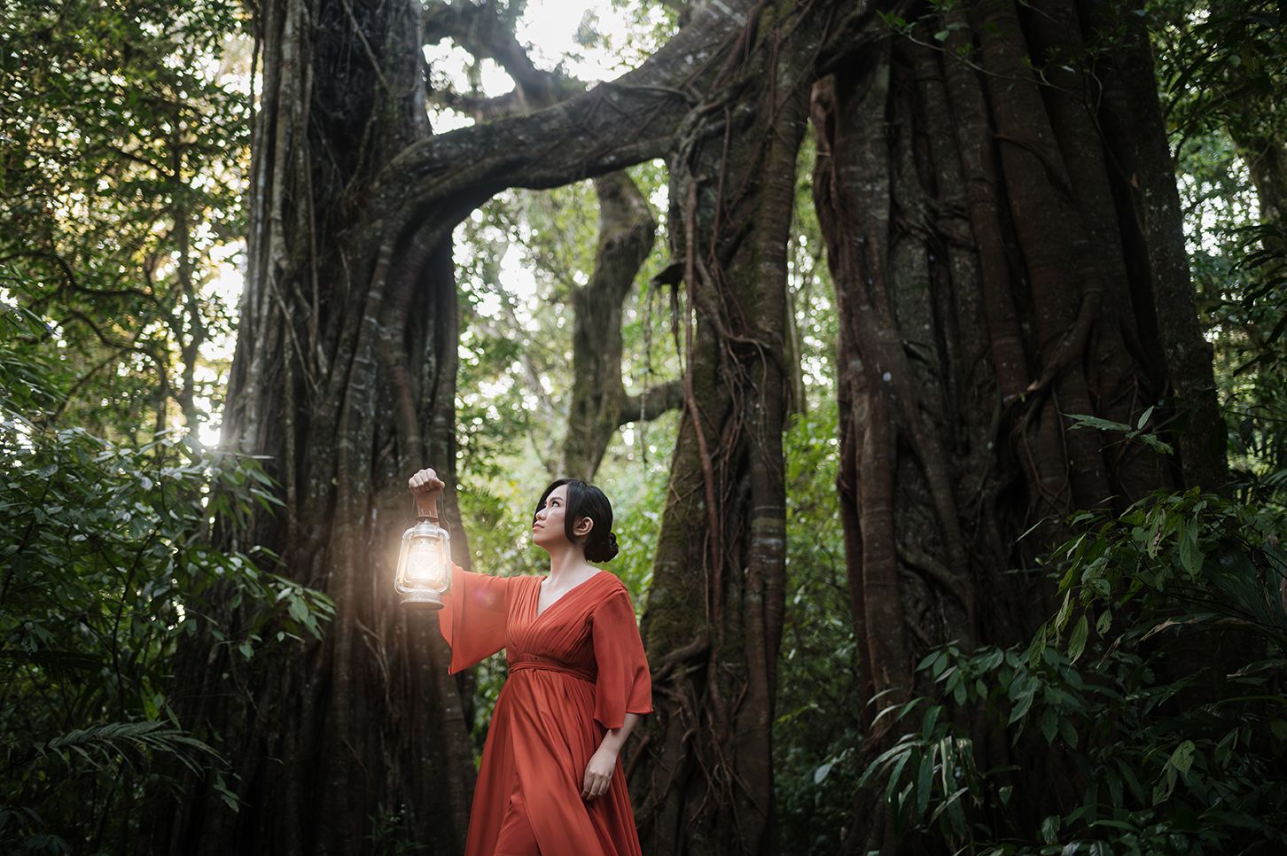 Woman in orange dress holding a glowing lantern among ancient banyan trees in a lush green forest.