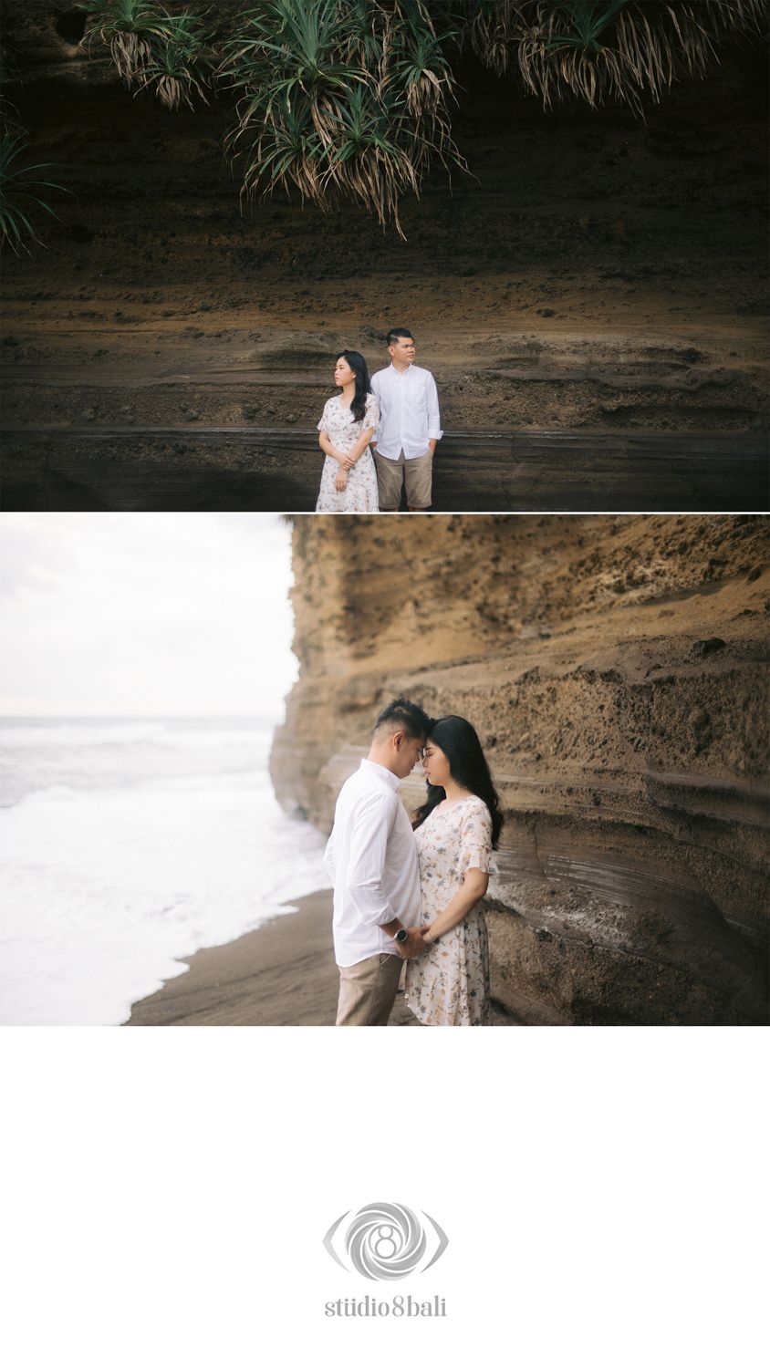 Couple poses romantically against coastal cliffs and tropical foliage in a Bali beach engagement photo session by Studio8Bali.
