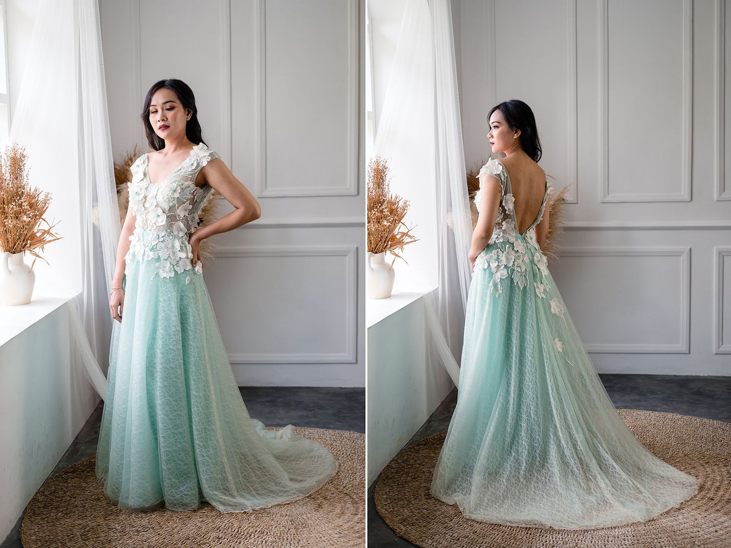 Elegant mint green A-line gown with floral appliques and open back, modeled from front and back views.