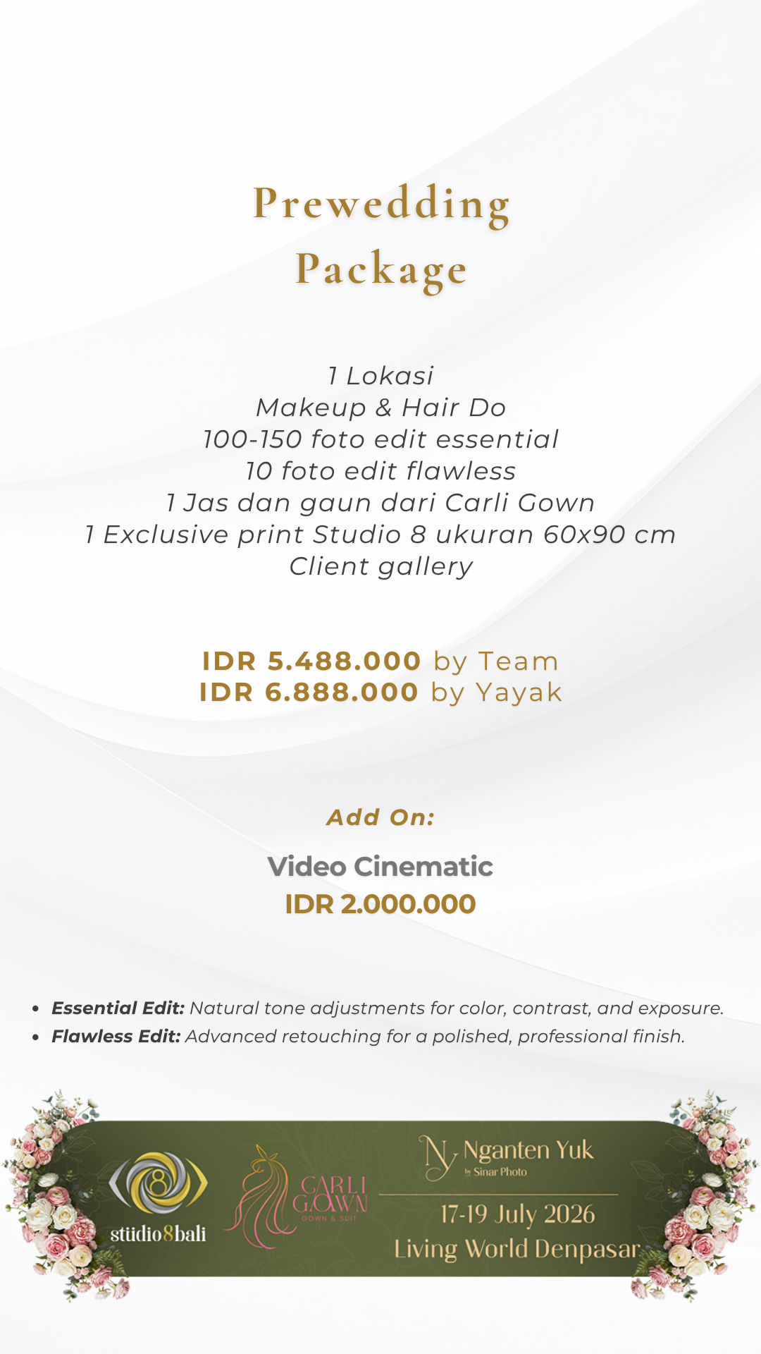 Prewedding photography package flyer offering studio and location shoots, makeup, hair, photo editing, and cinematic video add-on in Bali.