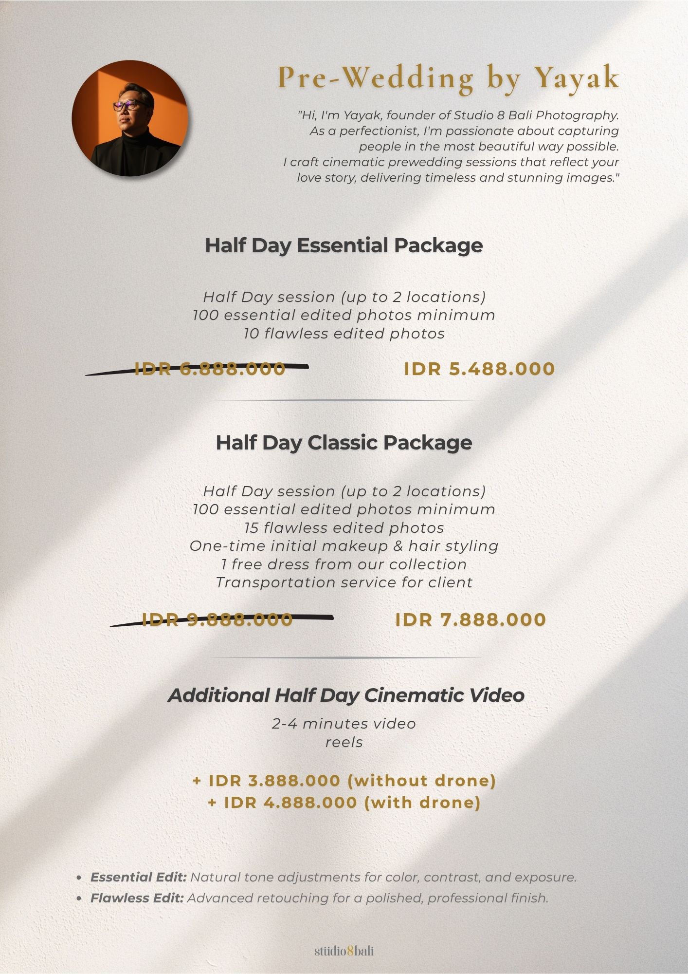 Pre-wedding photography packages by Yayak Studio B Bali, featuring Half Day Essential and Classic pricing in IDR.
