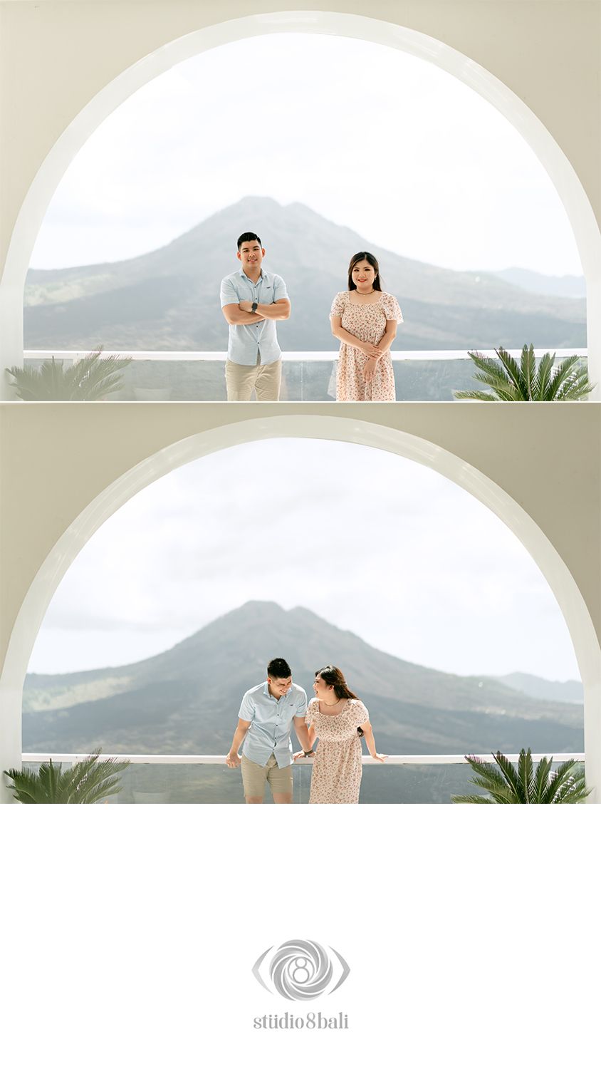 Couple poses under a white arch with a mountain backdrop in two romantic pre-wedding photos by Studio 8 Bali.