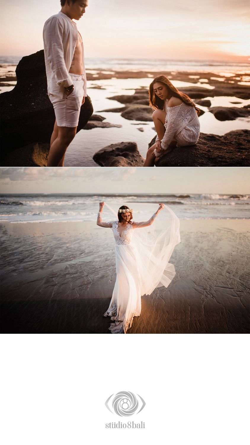 Romantic beach couple photoshoot at sunset with bride in flowing white dress on sandy shore by Studio 8 Bali.