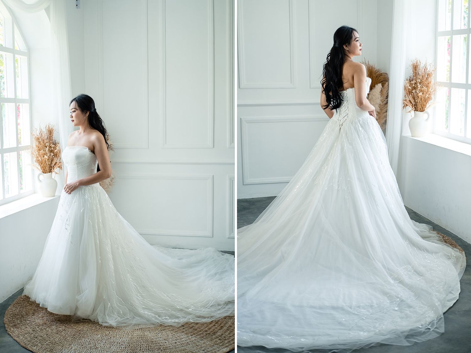 Bride in elegant strapless white ball gown with long train, shown from front and back in bright studio setting.